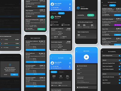 Healthcare App Design Concept app appointment assignment availability blue dark dashboard design flat healthcare healthcare app mobile app profile ui ux