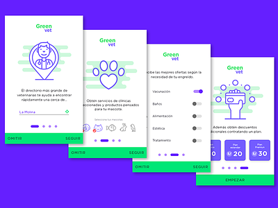 App - onboarding app design green material design onboarding pets purple ui