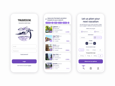 Travisor app branding design flat illustration minimal mobile purple ui ux vector web