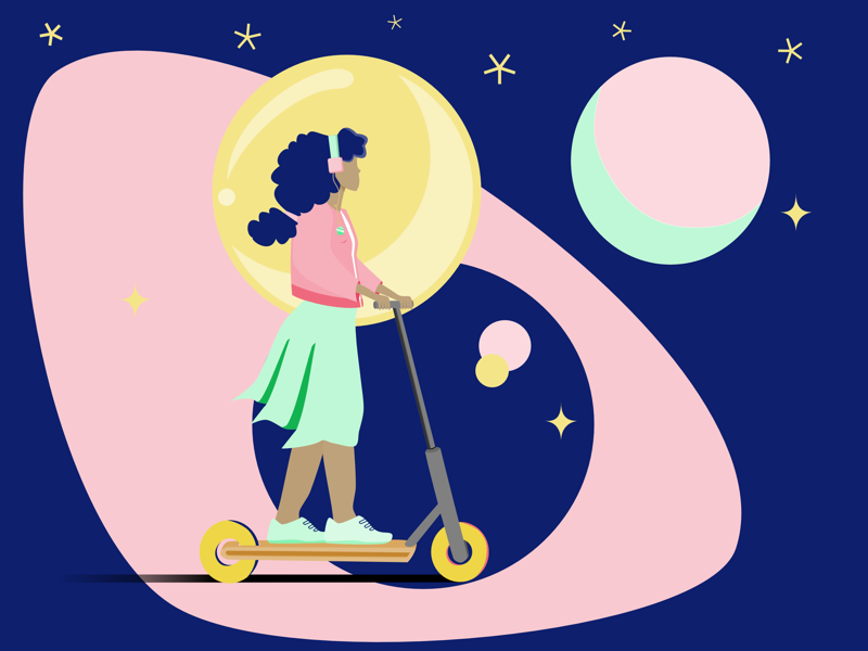 Girl on scooter illustration skirt headphones flat design web vector girl scooter