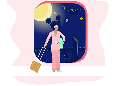 Girl at the airport affinity airport blue design girl illustration moon night pink vector web