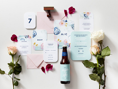 The McNeilly Wedding beer blush bottle enclosure floral invitation label mint rsvp suite wedding
