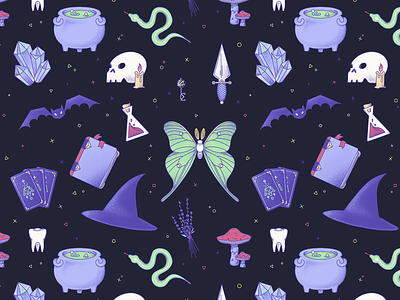 Witchy Assortment (Pattern) bat cauldron crystals dagger digital art illustration moth pattern potion procreate seamless pattern skull spellbook tarot witch witchcraft witches