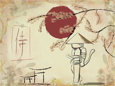 Кото-самурай векторая графика древний плакат иллюстрация стиль