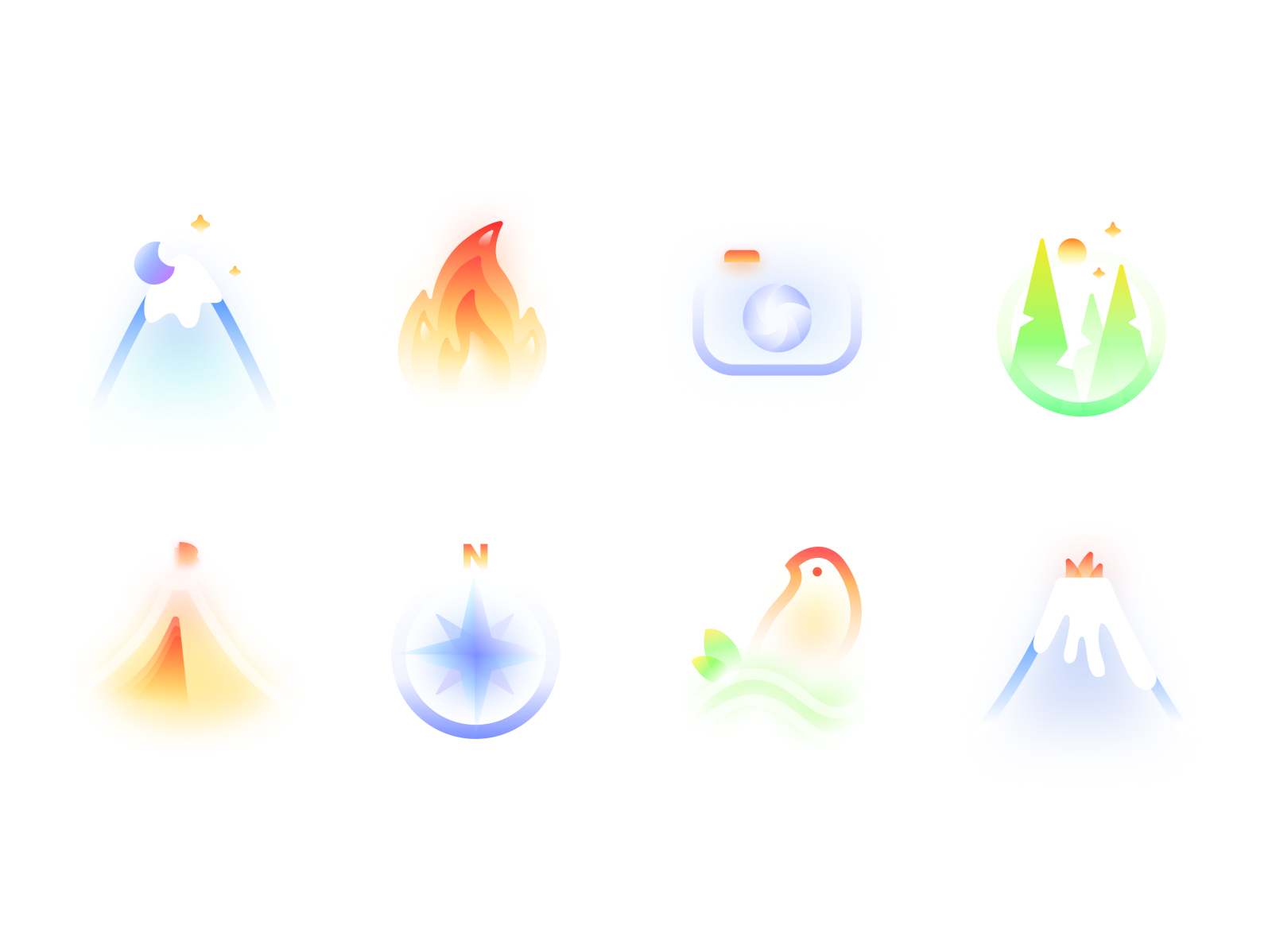 Frosted Glass Travel Icon Set - Nature Mountains Forest atmosphere bird compass fire forest frosted glass icon design icon set iconography icons illustration magic mature mountains nature tent traveling ui vector volcano