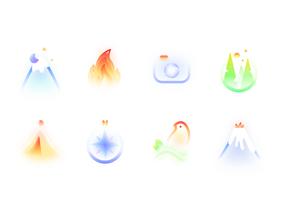 Frosted Glass Travel Icon Set | Nature Mountains Forest atmosphere bird compass fire forest frosted glass icon design icon set iconography icons illustration magic mature mountains nature tent traveling ui vector volcano