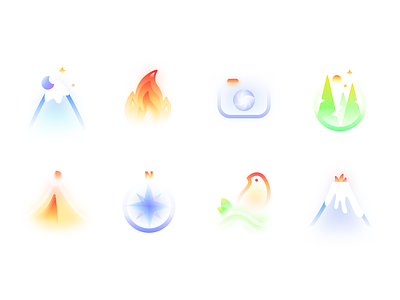 Frosted Glass Travel Icon Set | Nature Mountains Forest