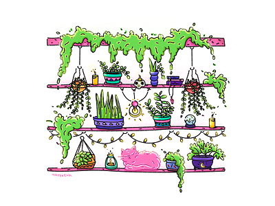 Cute cat in greenhouse | Illustration