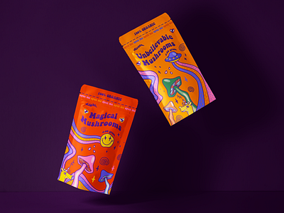 Packaging design for Magic Mushrooms Illustration acid atmosphere branding design graphic design illustration magic magical mushroom mushrooms package package design packaging pattern psilocybin psychedelia psychedelic typography unicorn