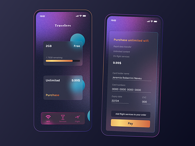 :: 3 :: In-Flight wifi app blur counter glass ui glassmorphism gradient in flight service inflight wifi mobile noise offer plane product ui wifi