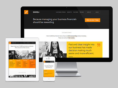Saasu accounting adaptive branding cloud design grid identity mobile modular orange responsive tablet web website yellow