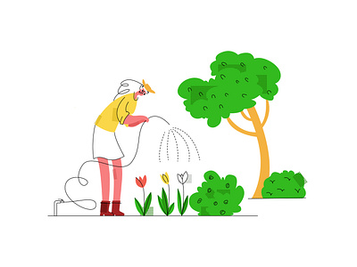 gardening care garder gardering green hose hosing illustration modern style plants simple trees vector woman