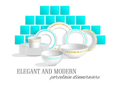 dishes1 3d blue cup design dinnerware dishes elegant gold illustration logo plate porcelain tableware vector white