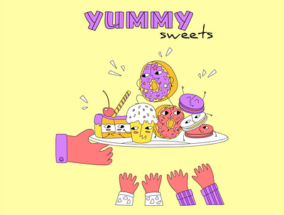 candy1 cake candy child children confectionery donut emotion flat hand illustration line macaroon modern style muffin pastry shop sweets vector yummy
