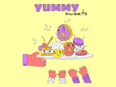 candy1 cake candy child children confectionery donut emotion flat hand illustration line macaroon modern style muffin pastry shop sweets vector yummy