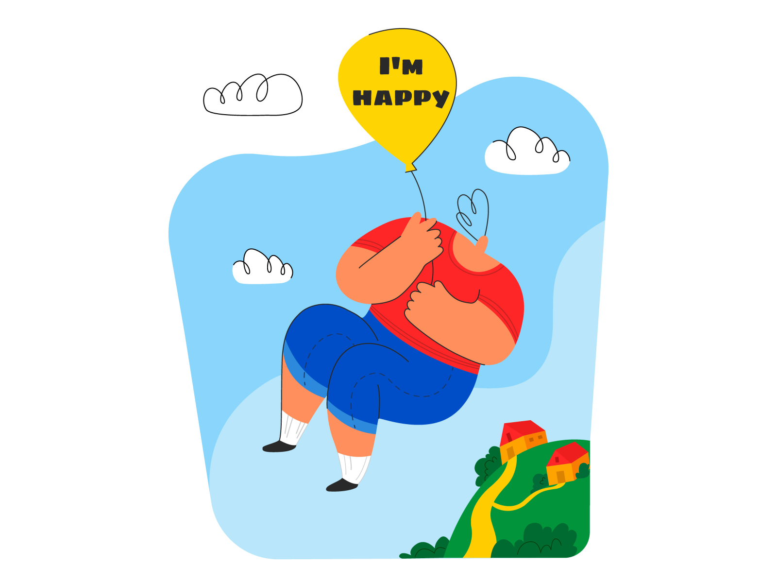 I'm happy baloon boy cloud design emotion flat fly flying happy home house illustration joy man modern style simple sky teen travel vector