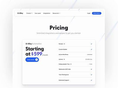 Alloy Automation pricing page after effects alloy animation automation blue card landing page light minimalist motion pricing