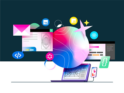 Learn Code Illustration atom branding circle code coding computer gradient iconography illustration inbox learn mail phone planet ui uiux vector website