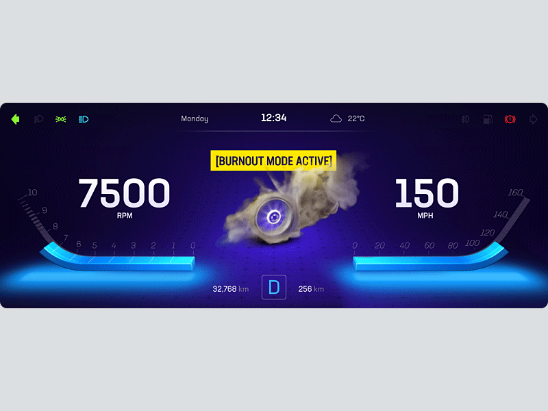 [2020] Car cluster display with burning and smoking tire animation blue burnout car cartoon cluster dark dashboard digital dashboard embedded device embedded display gauges infotainment opengl es 2.0 particles photoshop smoke ui ui design