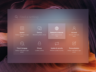 Windows Settings blur card design fluent menu microsotf search setting windows