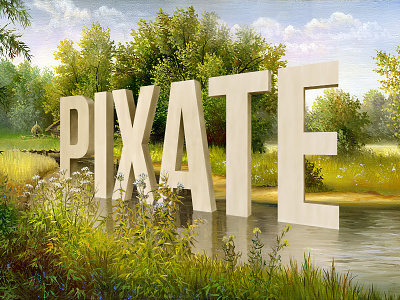 Pixate à la Wayne White 3d text art lake landscape painting wayne white