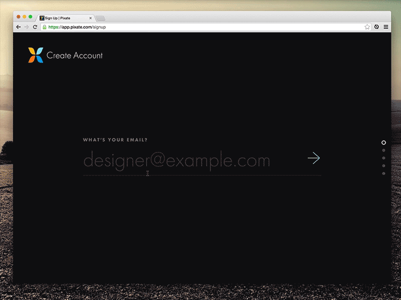 Signup Flow signup fullscreen onboarding log in reactjs pixate interaction animation form dark
