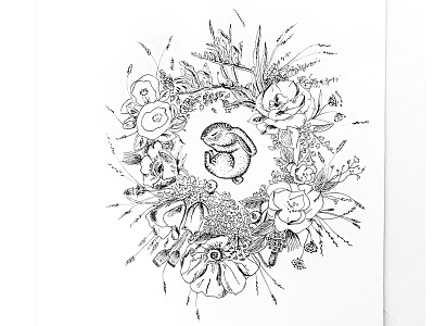 Sleeping Bunny Nursery Illustration black and white bunny floral flowers illustration ink
