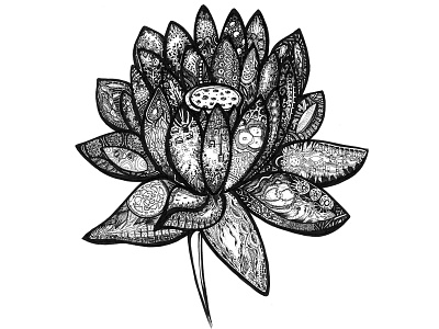 Black & White Lotus Flower Ink Illustration Abstract Patterns