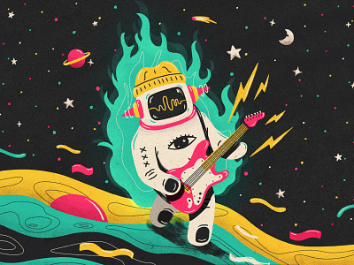 Indie Rock 02 colorful digital art digital painting drawing editorial illustration electric guitar flames hand illustration indie indie rock music music illustration rhythm space spotify cover