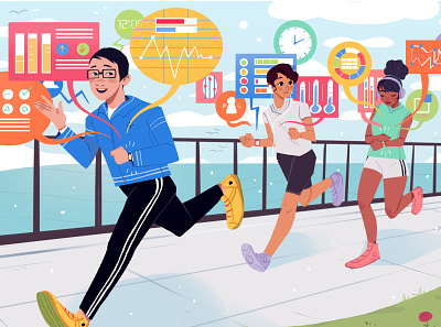 NPR | How I Built This With Guy Raz : James Park, Fit Bit app atheltci character design design diversity exercise fitbit flat illustration outdoorsy podcast running app running cycle technology women