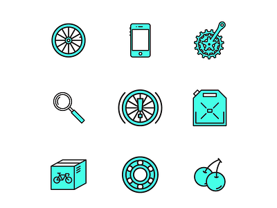 Bike shop icons bicycle bike brakes cherry crank icons illustrations package phone tire wheel