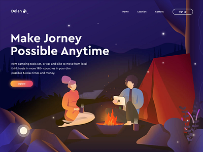 D O L A N - Rent Camping Tools Landing Page adventure animation camp campfire camping design flat forest hiking illustration nature night ui ux vector web design