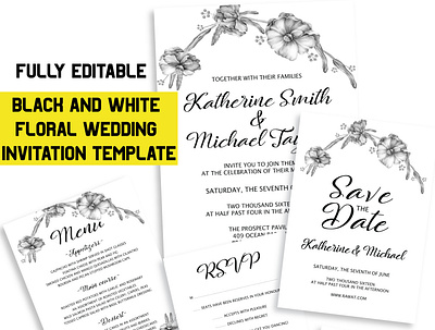 Black and White Floral Wedding Invitation template 01 decor decoration decorative decorative elements elements floral flower invitation watercolor watercolor floral wedding wedding design wedding invitation wedding template