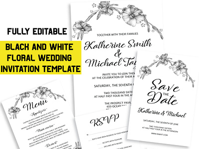 Black and White Floral Wedding Invitation template 01