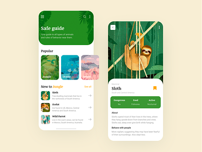 Animal guide - Mobile app concept animal app app design clean concept creativity daily green illustration jungle mobile ui ux yellow