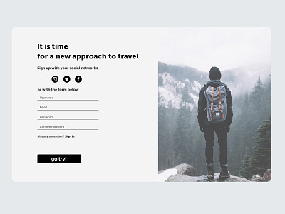 Sign up page for travel social network "go trvl" 001 blackandwhite dailyui minimalistic sign up signup social network travel