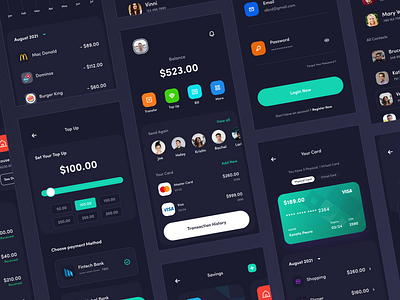 E - Wallet Mobile App UI (Dark Mode) banking app clean ui ewallet ewallet app materialdesign minimal design mobile app design mobile banking money transfer online banking screen design uidesign uiux uxdesign wallet app