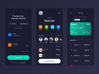 E - Wallet Mobile App UI (Dark Mode)