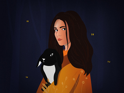 Portrait animal black dribbbleweeklywarmup face forest girl hair illustration line magic night orange portrait rabbit