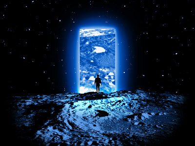Man on the moon who wants to see the moon blue futuristic glitch illustration moon night photoshop poster poster a day space stars