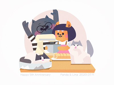 Happy 5th Anniversary cat dog illustration