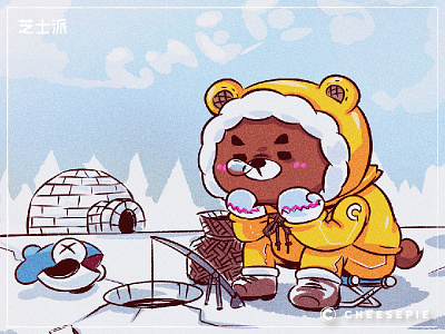 Tired bear fish igloo illustration