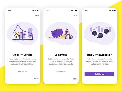 Walkthrough Screens app clean flat home services illustration minimal minimalistic onboarding purple typography ui ux walkthrough whitespace