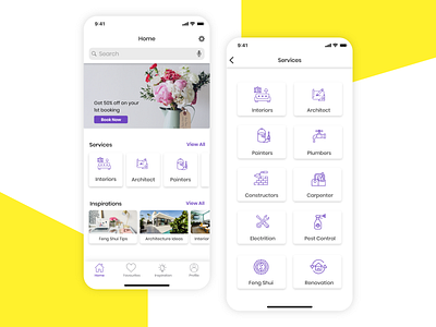 Home Services App app design flat home page home screen home services homepage interiors minimalistic services ui ux whitespace