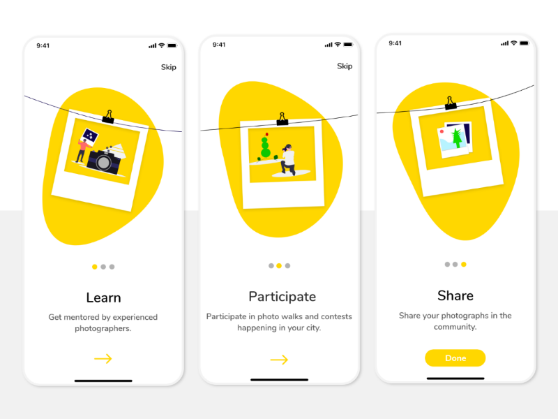 Onboarding Screens onboarding screens whitespace walkthrough onboarding minimalistic minimal illustration photography flat clean app