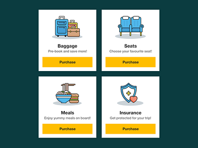 Flight Add-ons UI add ons ui baggage icon card ui flight ui flight web ui insurance icon meals icon seats icon web ui