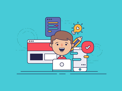 Working Illustration avatar character computer designer flat illustration icons outline illustration work working station