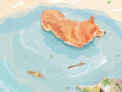 Yugi in his element beach blissfully colorful corgi design digital dog illustration sketch vector vector illustration yugi