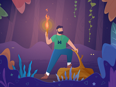 Adventuring in the Forest advenure beard binoculars colorful explore eyes fire flame forest forests illustration jungle log man night plants stump trees vector woods