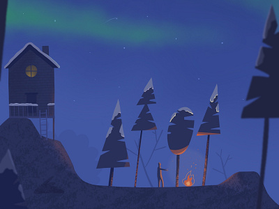 A frosty, winter adventure adventure aurora cabin camp campfire digital forests illustration ipad mountain night stars vector